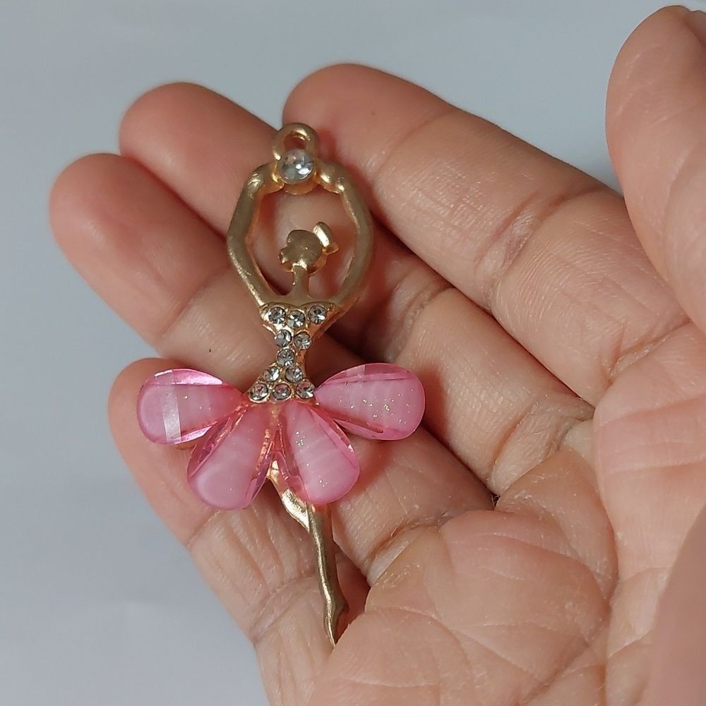 Rhinestone Embellished Pink Gold Tone Ballerina Pendant